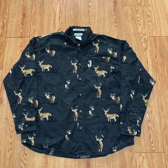 Columbia Button Up Shirt Deer All Over Collared Black Long Sleeve Size Large - Picture 1 of 7